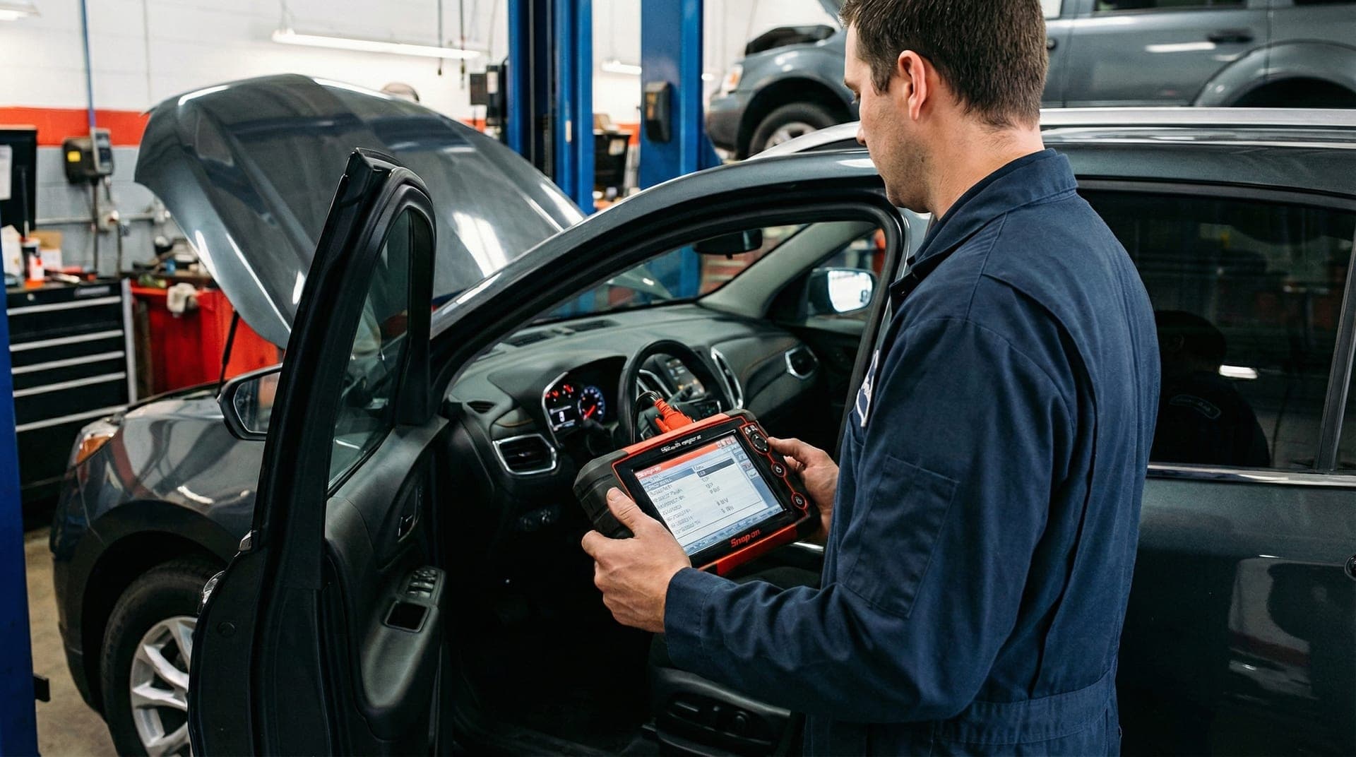 Technician using diagnostic scan tool on vehicle