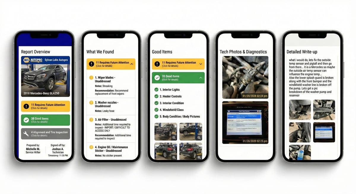 Digital vehicle inspection report displayed on multiple phones